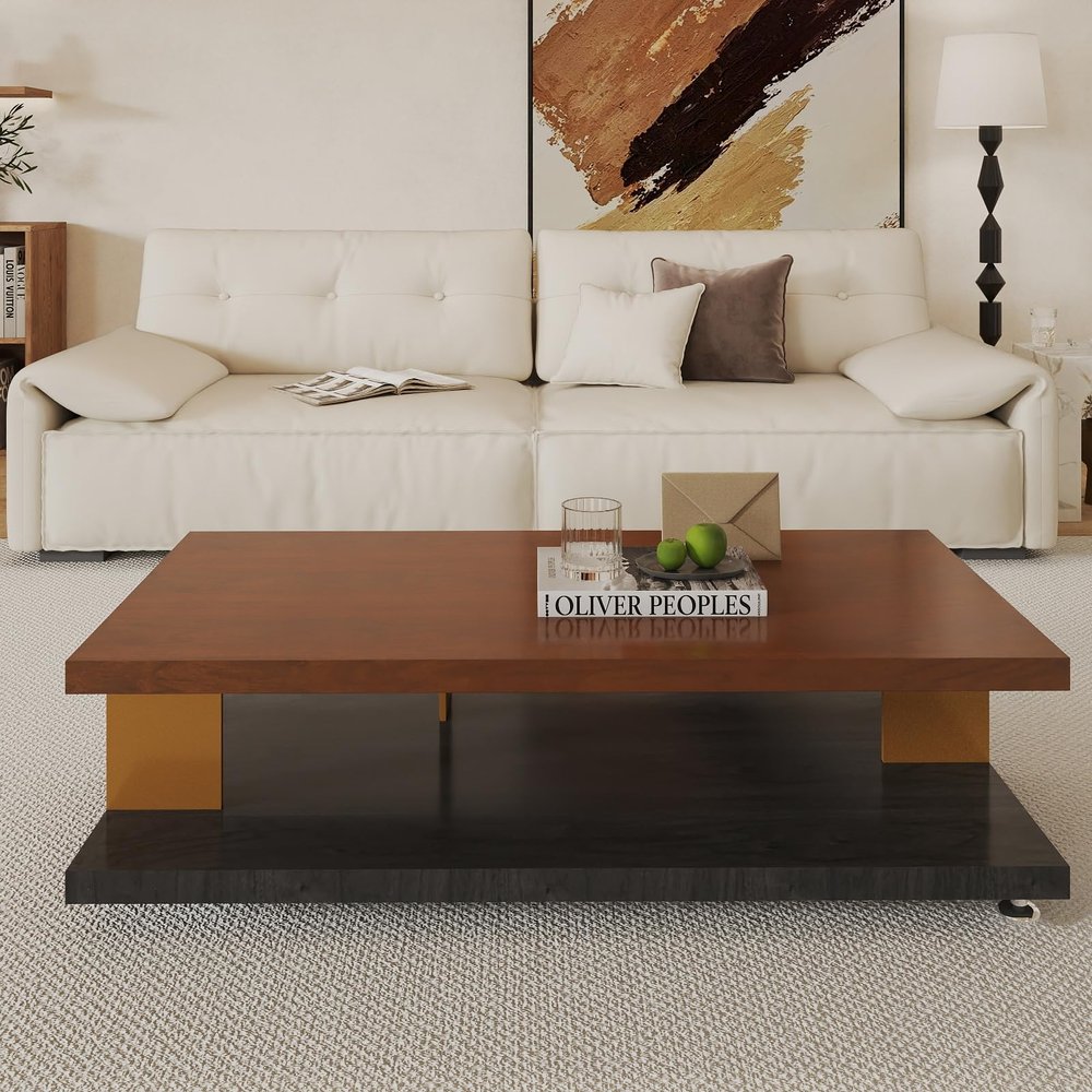 47.24" Rectangular Coffee Table with Storage, 2-Tier Farmhouse Wood Center Coffee Table for Living Room, Modern Design Home Furniture
