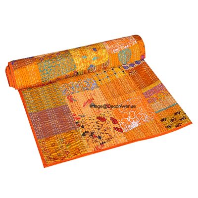 DecorAvenue Patchwork Kantha Quilt,Throw, Handmade Silk Bed Cover,Bedding Bedspread,Vintage Hand Stitch Gudri, Decorative Beach Blanket (Orange, Baby 40" x 60")