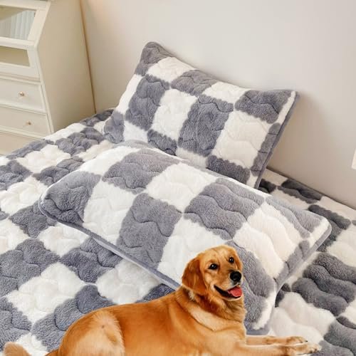 EDVKLNG Milk Velvet Checkered Bedding Mattress Cover,Luxury Fuzzy Flannel Fluffy Mattress Twin Bed Non-Slip Protector,Milk Velvet Mattress Covers Fitted Velvet Plush Sheet (Grey,Pillow case*2)