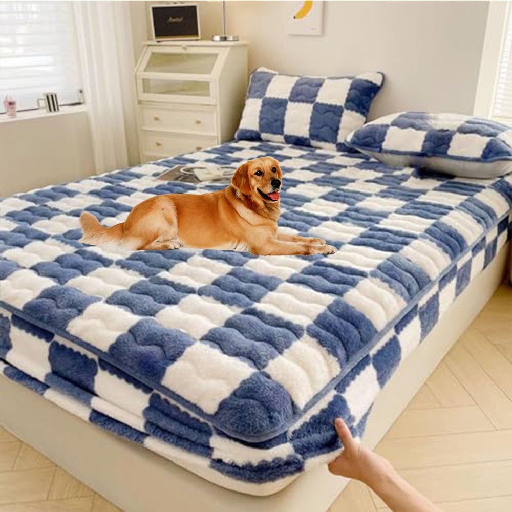 EDVKLNG Milk Velvet Checkered Bedding Twin Mattress Cover, Luxury Fuzzy Flannel Fluffy Non-Slip Protector, Blue, 59.0 * 78.7in
