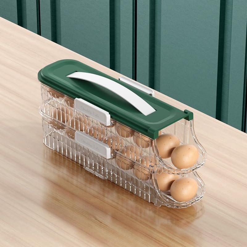 Egg Holder for Fridge, 2024 New Automatic Rolling Egg Organizer, Kitchen Rolling Egg Container for Refrigerator with Lid, Stackable Egg Dispenser Egg Tray Egg Drawer and Rack (Green, 1 Row 2 Tiers)