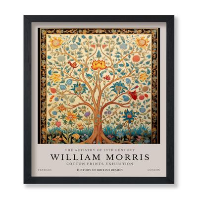 Monem Art William Morris Poster - Tree of Life Print - Textile Design - Botanical Print - Exhibition Piece - Tree Art - Floral & Aesthetic Design - Living Room or Office Decor - 8x10 Black Framed