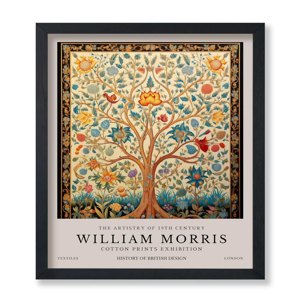 Monem Art William Morris Poster - Tree of Life Print - Textile Design - Botanical Print - Exhibition Piece - Tree Art - Floral & Aesthetic Design - Living Room or Office Decor - 8x10 Black Framed