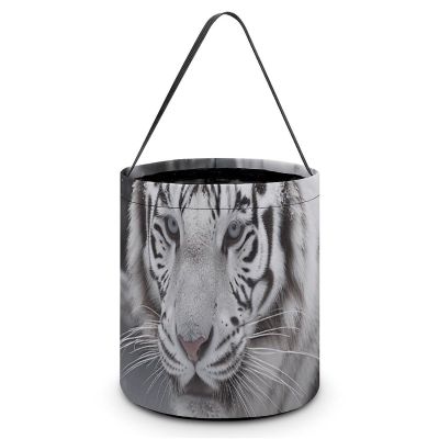 LFDSKCBR Halloween Candy Bucket White Tiger in The Snow Printing Halloween Candy Basket with Handles Cute Polyester Candy Tote Buckets Halloween Bakset Reusable for Halloween Supplies