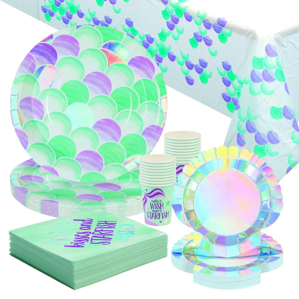66 Piece Mermaid Sparkle Party Disposable Tableware Kit For 16 Guests, Plates, Napkins, Cups and Tablecover Included