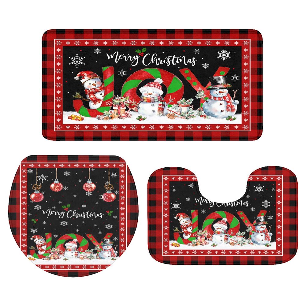 YOUNGKIDS Christmas Snowman Bathroom Rug Set, 3 Piece Non-Slip Washable Bath Mats, Holiday Bathroom Decor for Xmas, Merry Christmas Bath Rugs with U-Shaped Toilet Mat and Lid Cover