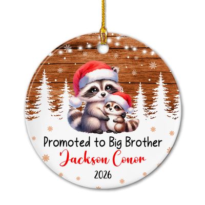 Personalized Promoted to Big Brother Ceramic Ornament, New Brother Raccoon Ornament Christmas 2026, Customized Date & Name Sibling Raccoon Keepsake Xmas Ornaments Gift for Pregnancy Announcement