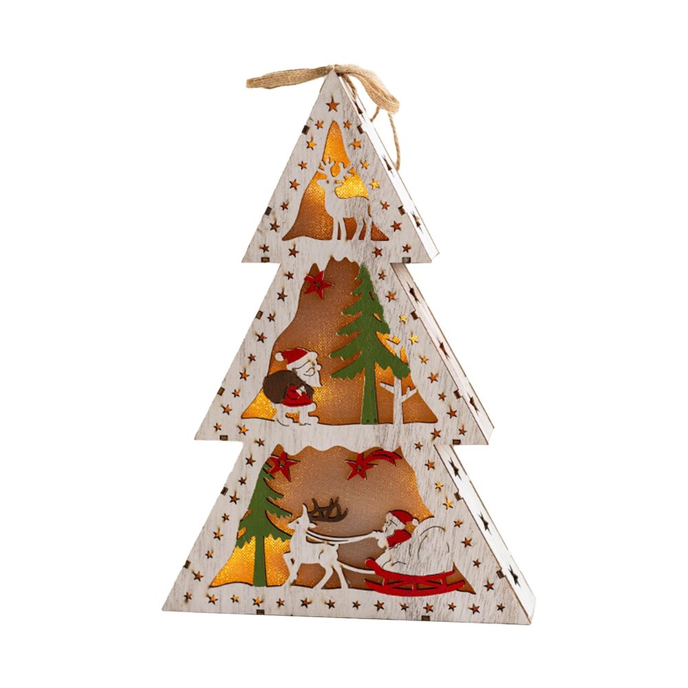 MOTUZP Christmas Wooden Ornament Light up Christmas Tree Pendant Wood Christmas Night Light Christmas Tree Hanging Ornament with LED for Christmas Winter Home Tables Decor (B)