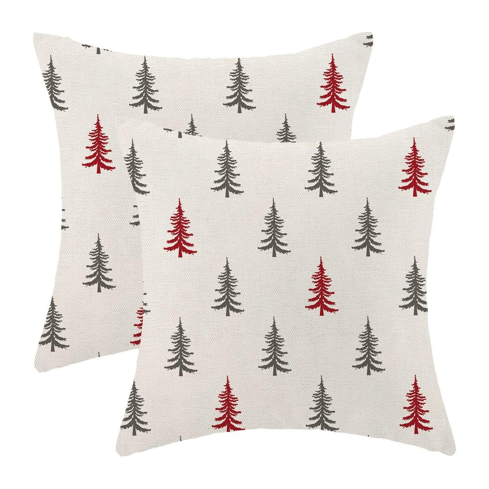 CXMEIFLY Christmas Pillow Covers 16x16 Inch Set of 2 Red Grey Christmas Tree Decor Throw Pillows Winter Xmas Holiday Outdoor Cushion Cases for Couch Bed Decorations