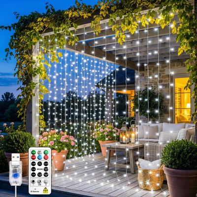 SINAMER Curtain Light for Bedroom, 200LED 6.6x6.6ft White Window Wall Hanging Fairy Curtain String Light, 8 Modes Remote Fairy String Lights Indoor for Wedding Party Home Garden Decorations