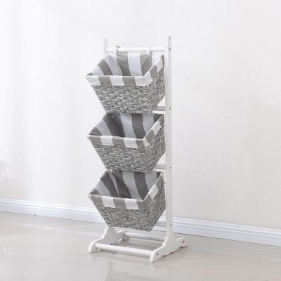 3-Tier Floor Stand with Water Hyacinth Storage Baskets,with Market Basket Storage Bins-Vertical Standing Rack for Living Room,Laundry, Bedroom, Bathroom,Office Organization(3 layers, White+Gray)