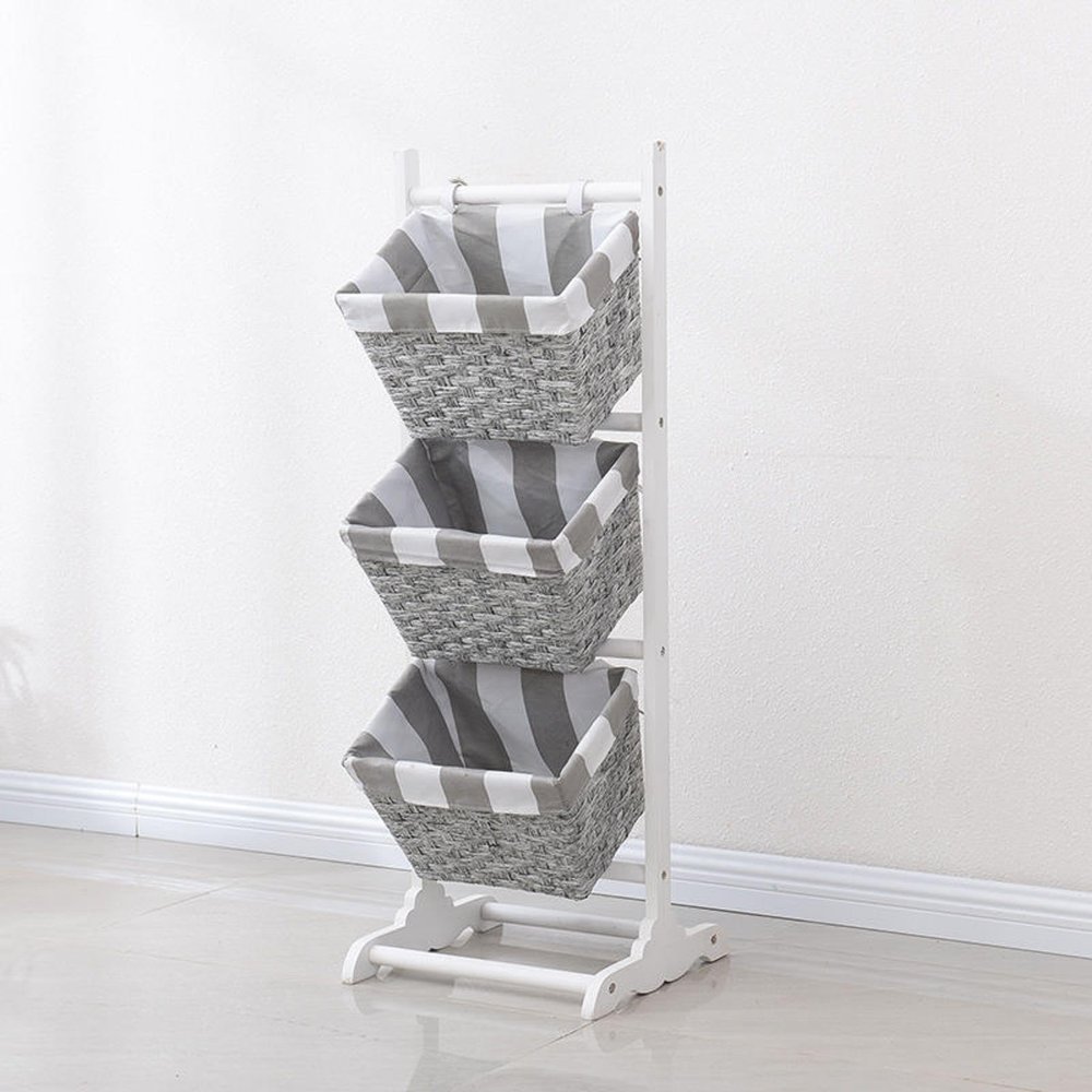 3-Tier Floor Stand with Water Hyacinth Storage Baskets,with Market Basket Storage Bins-Vertical Standing Rack for Living Room,Laundry, Bedroom, Bathroom,Office Organization(3 layers, White+Gray)