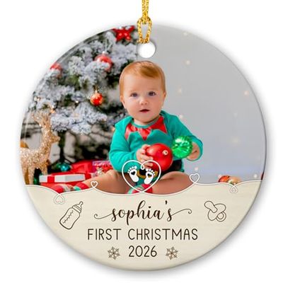Add Photo Baby's First Christmas Ceramic Ornament 2026, Personalized Picture Frame Baby's 1St Xmas Ornament Gifts for New Dad Mom Newborn, Custom Name & Photo Baby Xmas Ornament, Christmas Tree Decor
