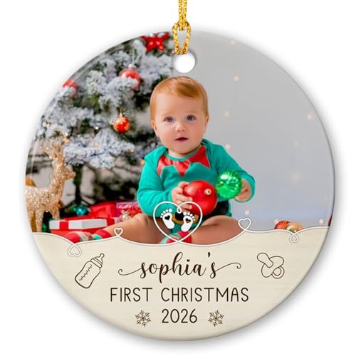 Add Photo Baby's First Christmas Ceramic Ornament 2026, Personalized Picture Frame Baby's 1St Xmas Ornament Gifts for New Dad Mom Newborn, Custom Name & Photo Baby Xmas Ornament, Christmas Tree Decor