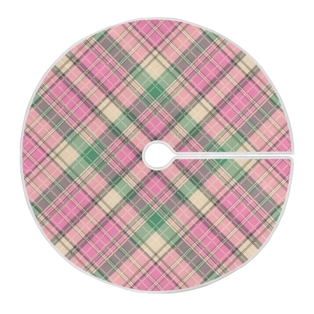 Blueangle 35.4 Inch Pink Green Plaid Christmas Tree Skirt Soft Polyester Skirt for Merry Christmas Party Christmas Tree Decoration