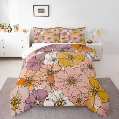 Groovy Flower Comforter 60S 70S 80S Flowers Pink Purple Yellow Comforter Set Retro Floral Boho Bedding Set for Children Kids Boys Girls Microfiber Duvet Set Room Decor Quilt Set Toddler Size