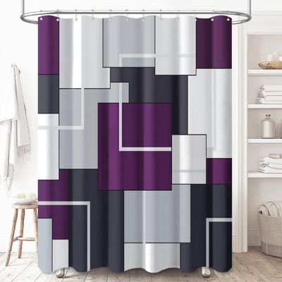 BTTN Stall Fabric Shower Curtain - 54 x 78 Inches Long Geometric Waterproof Cloth Shower Curtain Set with 10 Plastic Hooks, Narrow Hotel Modern Abstract Polyester Shower Curtains for Bathroom - Purple