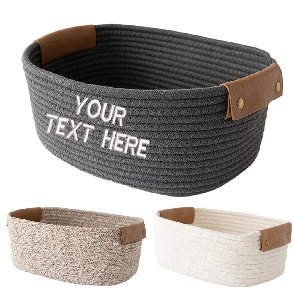 Custom Embroidery Woven Basket with Your Text/Name,Personalized Small Cotton Woven Basket,Baby Gifts Basket, Dog Toy Baskets, Cat Toy Box, Bathroom Organization Bin