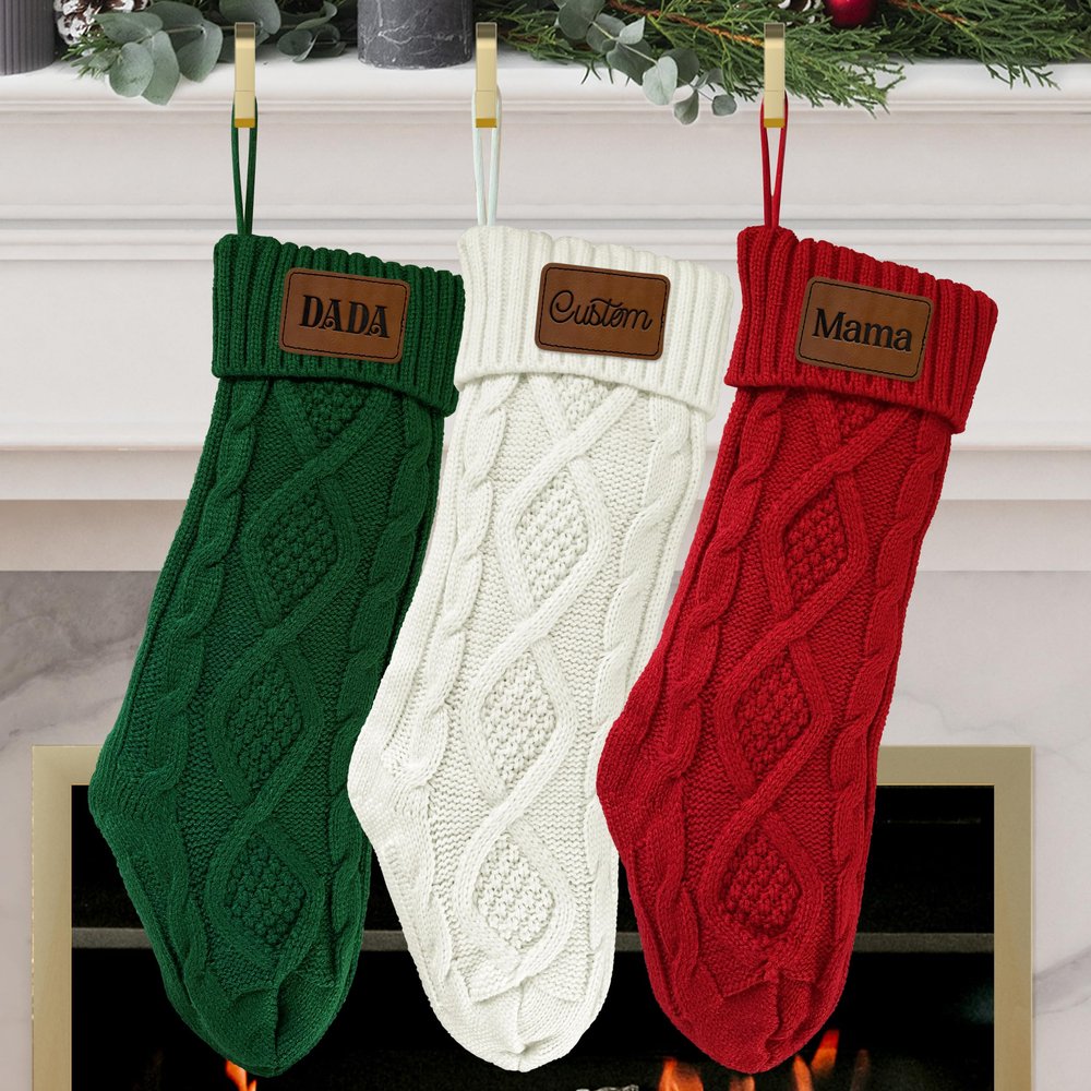 TEEAMORE Personalized Family Christmas Stockings Laser Engraved Leather Patch Xmas Stocking Hanging Knitted Christmas Stockings Set of 3