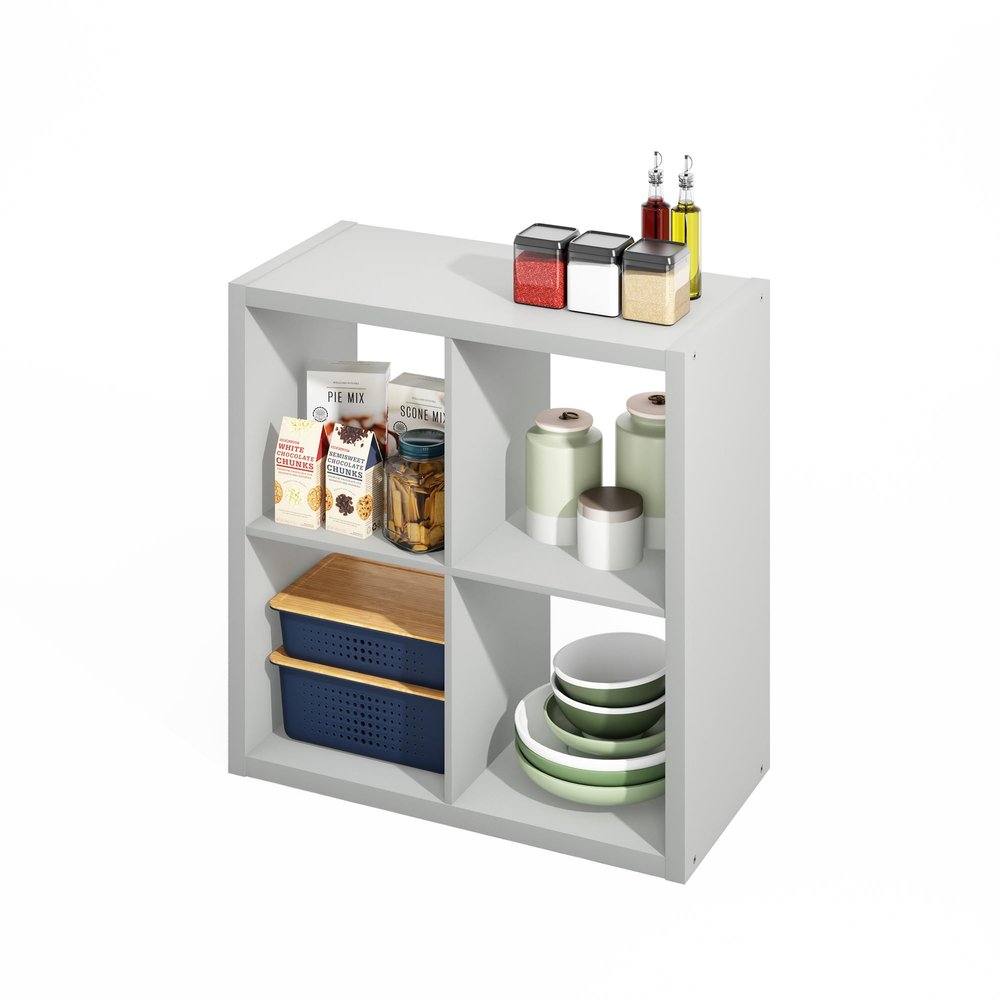 Furinno HERMITE Kitchen Island, 4-Cube Coffee Bar, Extra Thick Kitchen Storage, Bakers Rack, for Pantry Organizers and Storage, Kitchen Organization, Light Grey