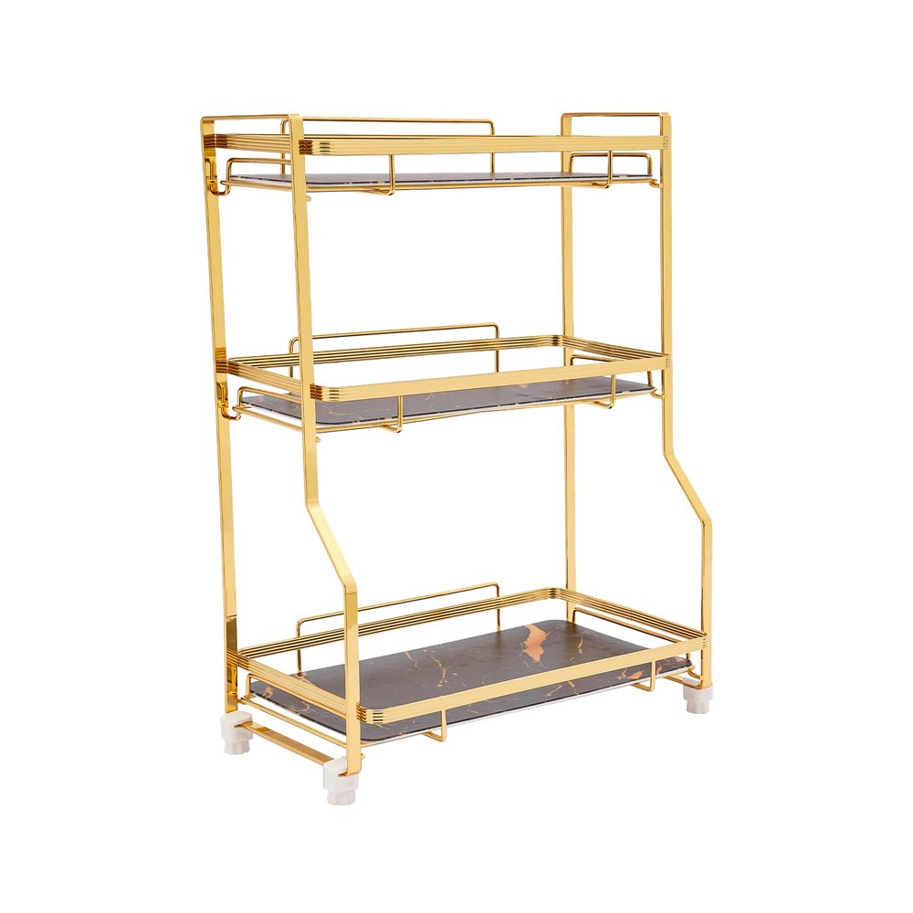 3-Tier Corner Bathroom Counter Organizer, Bathroom Vanity Counter Box with Storage Basket, Makeup Cosmetic Storage, for Bathroom, Dresser, Kitchen (Black Gold)