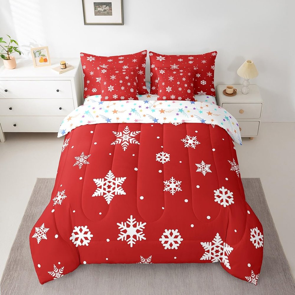 Feelyou Kids Christmas Comforter Set with Sheets, Snowflake Bed in a Bag for Boys and Girls Merry Christmas Xmas Red 7 Piece Bedding Set Full Size Soft Bed Set for All Season