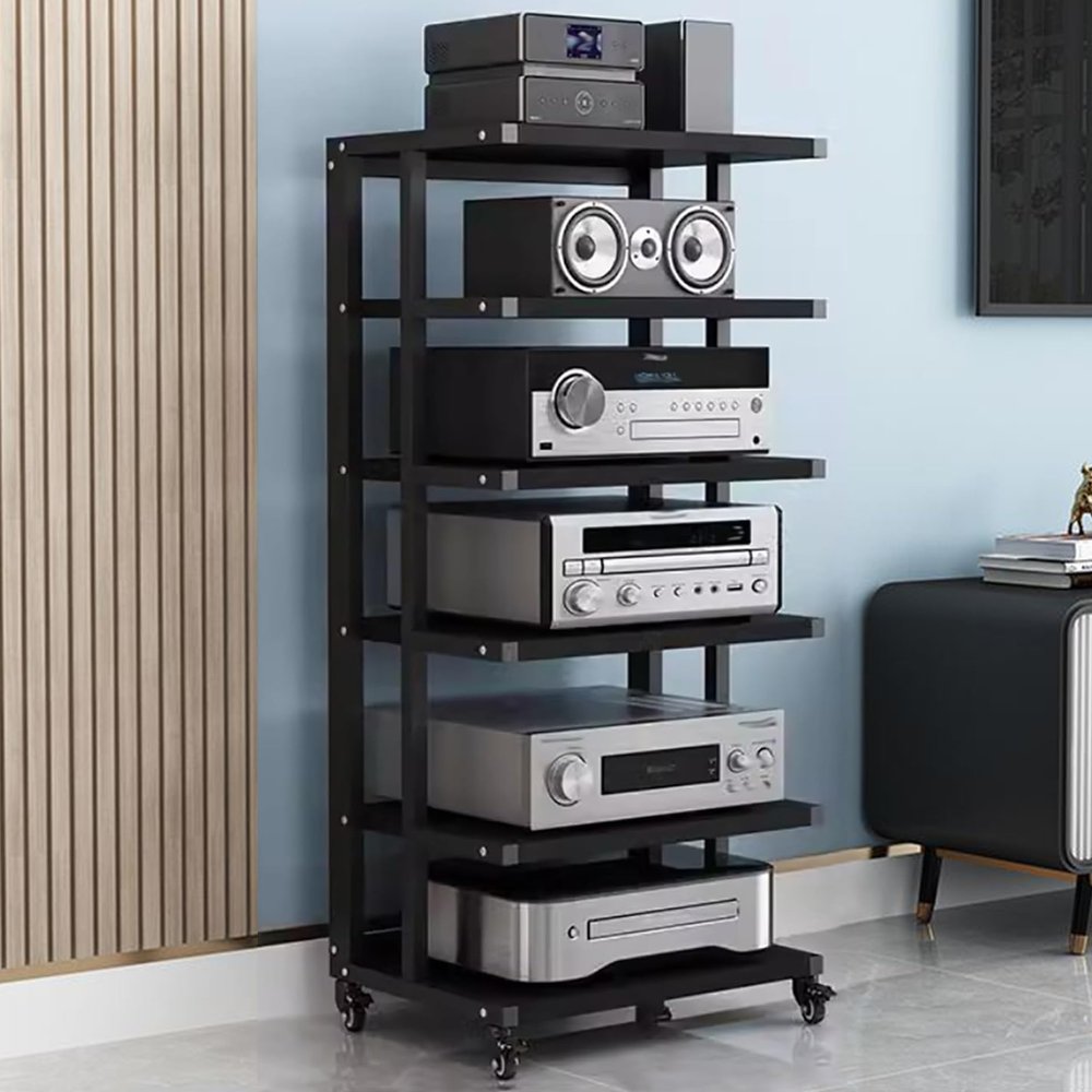 6-Tier AV Media Stand Movable Audio Rack Wooden Storage Cabinet Entertainment Center Shelves Component Stereo Shelf Systems Tower Player Stand Perfect for DVD Players TV Box Game Console(Black)