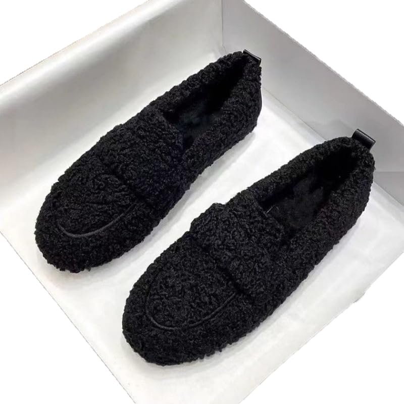 TRBPQAS Women's Moccasin Slippers Warm Faux Fur Cozy Indoor Outdoor Moccasins Slip On Loafers Shoes for Women Fuzzy Loafers (Black,6)