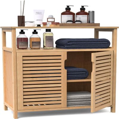 FoverOne Bamboo Bathroom Storage Cabinet with 2 Doors, Bathroom Floor Freestanding Cabinets Organizer for Living Room, Kitchen, Entryway