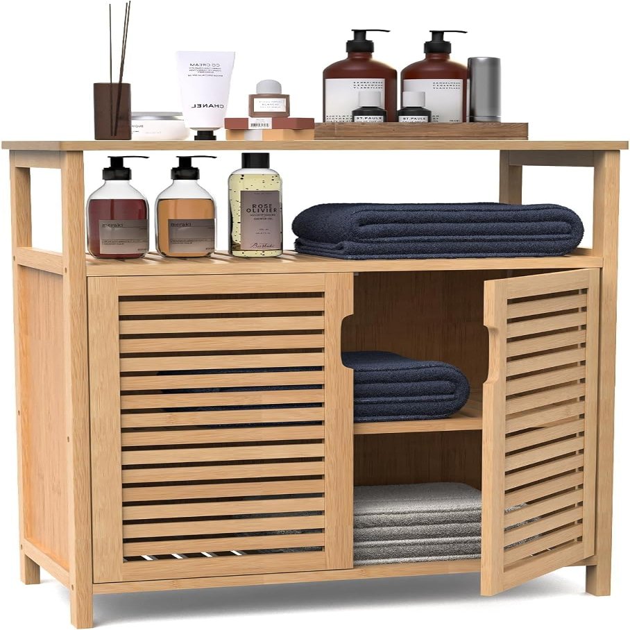 FoverOne Bamboo Bathroom Storage Cabinet with 2 Doors, Bathroom Floor Freestanding Cabinets Organizer for Living Room, Kitchen, Entryway