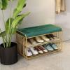 Entryway Metal Shoe Bench, Small Shoe Storage Bench with Velvet Cushion and Gold Metal Frame, Shoe Rack Organizer for Hallway view 2