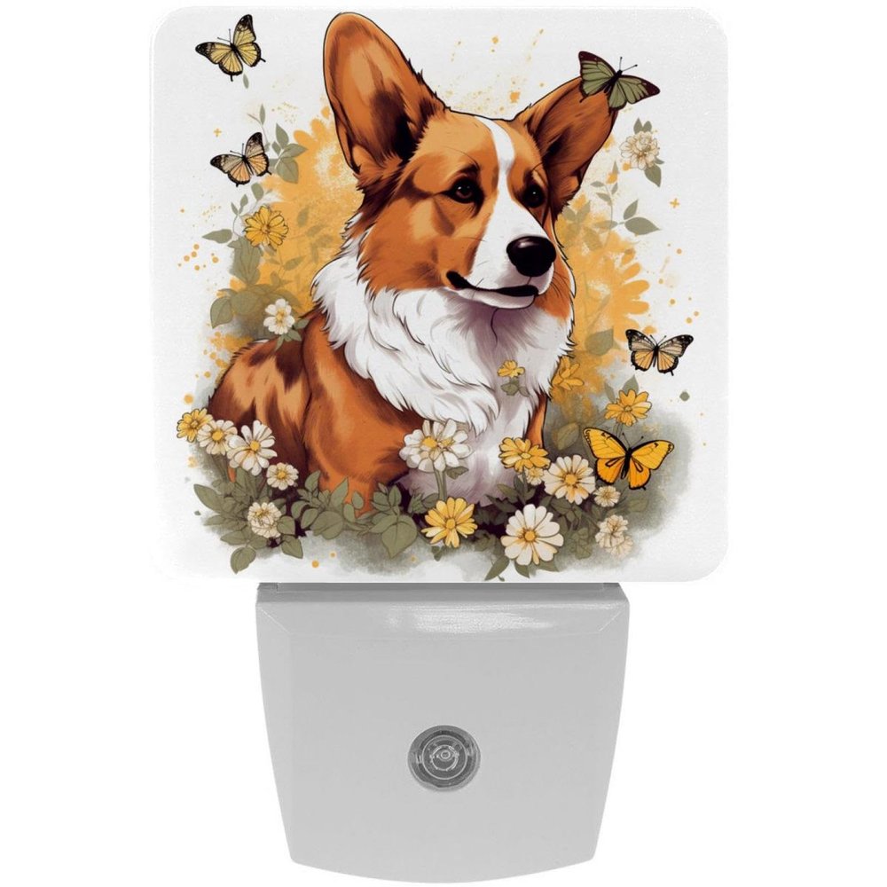 NEWzone Daisies Butterflies Corgi Night Light Plug into Wall Decor 2 Pack, Decorative Night Light for Kids, Plug in Night Lights for Bedroom Living Room, Gift for Kids Adults