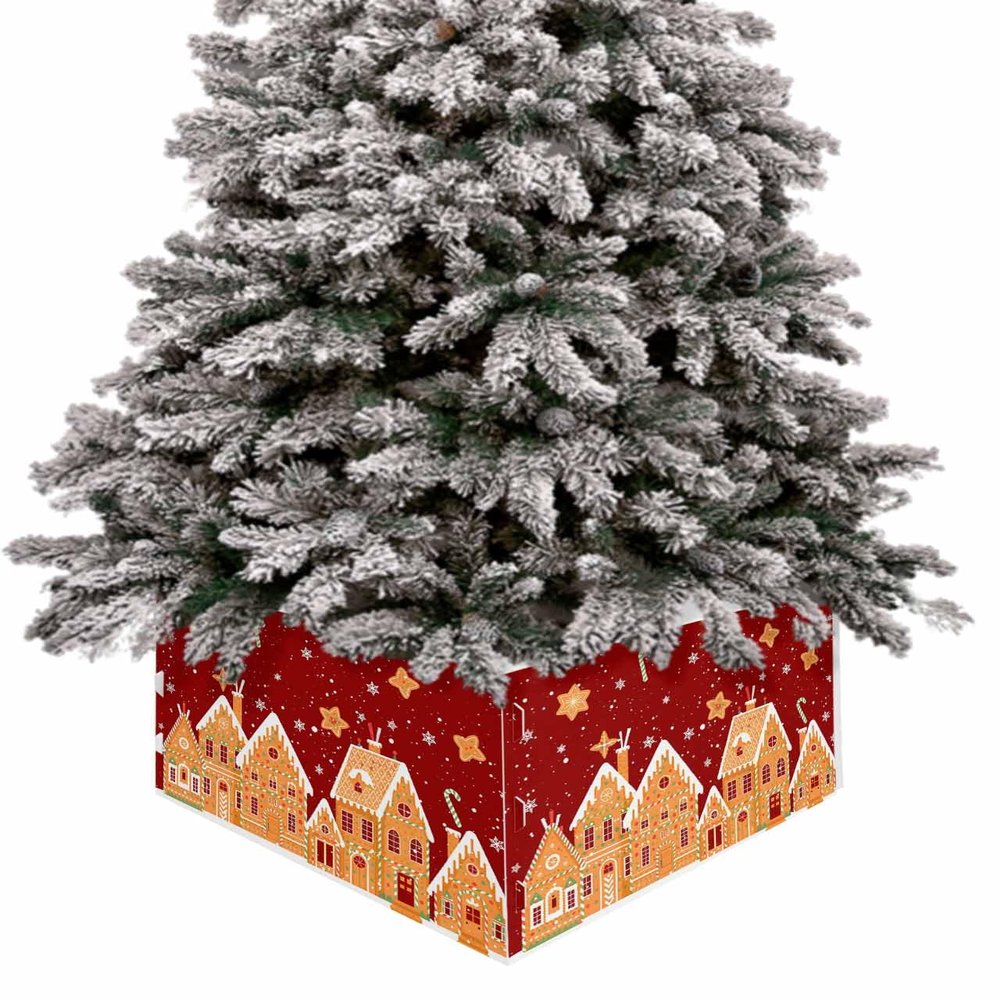 Christmas Tree Collar Red Christmas Delicious Biscuits Candy House Holiday Tree Skirt Decoration Xmas Tree Ring Stand Base Cover 17x10 in 4 PCS