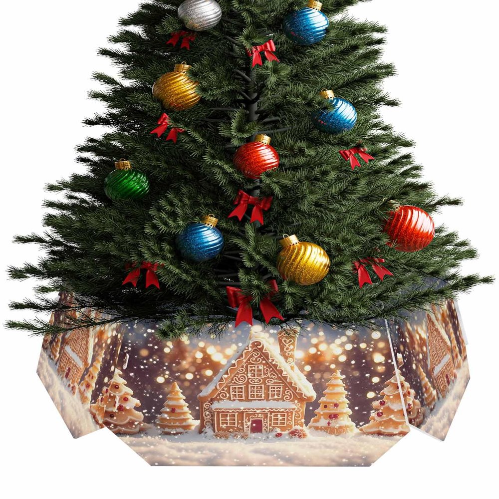 Christmas Tree Collar Christmas Winter Gingerbread House Candy Snow Scene Holiday Tree Skirt Decoration Xmas Tree Ring Stand Base Cover 14.5x10 in 6 PCS