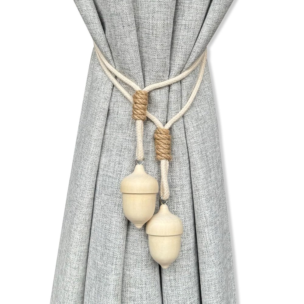 Curtain Holdbacks Boho Tiebacks for Drapes, Farmhouse Cotton Rope Adjustable Tie Backs with Rustic Cute Wood Acorn, Curtain Accessories Holders for Indoor Outdoor Use, Set of 4