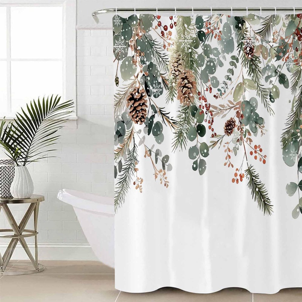 Christmas Bathroom Shower Curtains with 12 Hooks Polyester Waterproof Shower Curtain for Stalls and Bathtubs Winter Eucalyptus Leaves Snow Berry White Decorative Bathroom Privacy Curtain 72x84 Inches