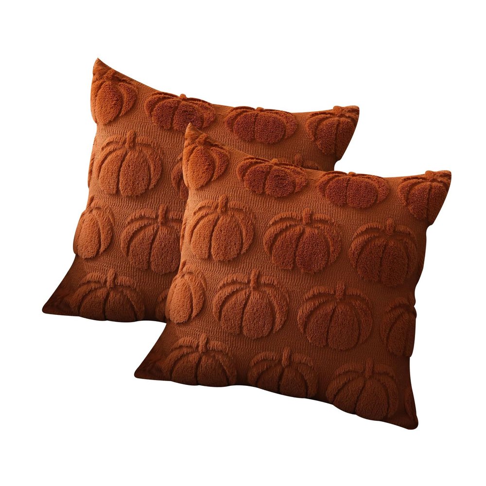 2Pack Pumpkin Fall Decorative Throw Pillow Covers 18*18 inches Autumn Throw Pillow Cases Soft Plush Faux Fur Wool Couch Cushion Case for Chair Sofa Bedroom Room Home Decor (Orange Pumpkin)