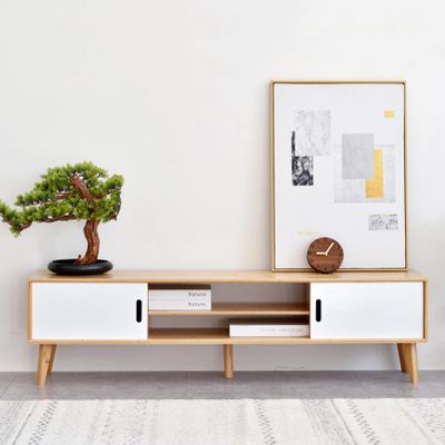 DEOPXF TV Bamboo TV Table with Sliding Door Modern Entertainment Center 140cm TV Stand Console Table for Living Room, Bedroom, Entryway, Office(White,Without Drawer)