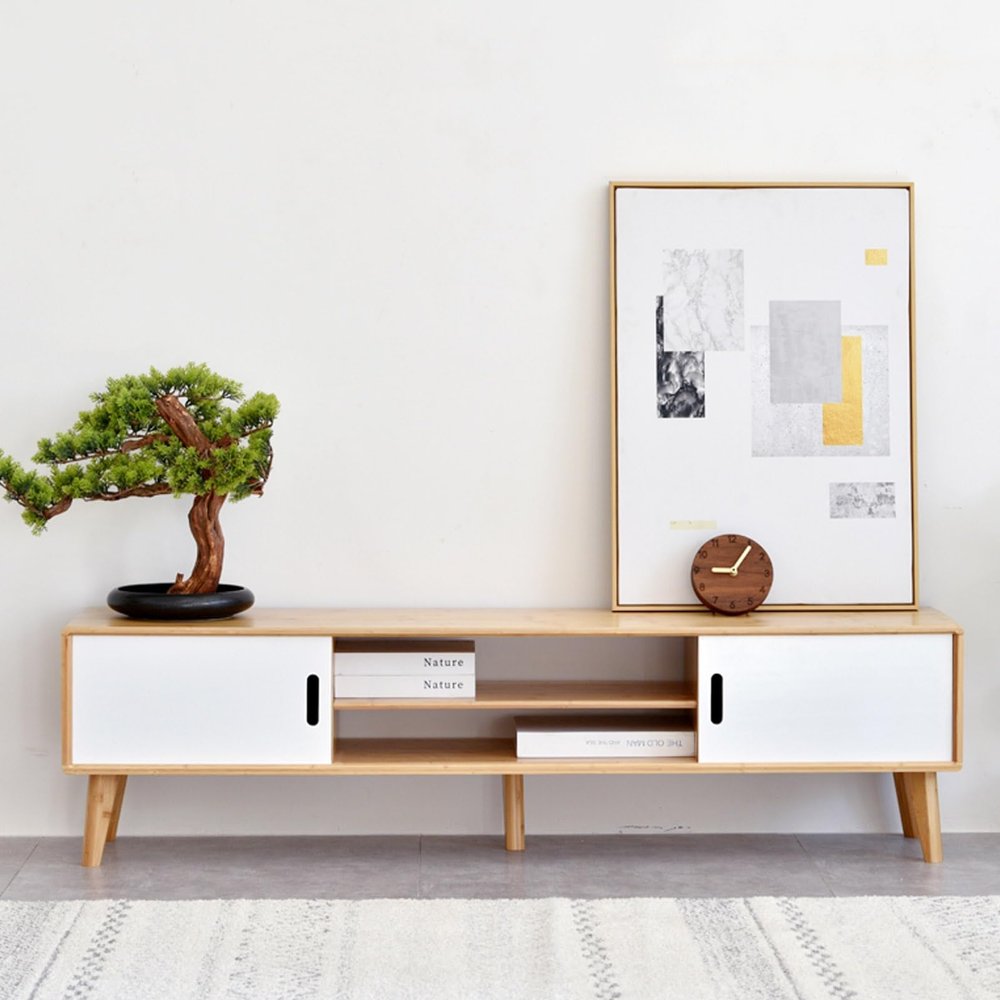 DEOPXF TV Bamboo TV Table with Sliding Door Modern Entertainment Center 140cm TV Stand Console Table for Living Room, Bedroom, Entryway, Office(White,Without Drawer)