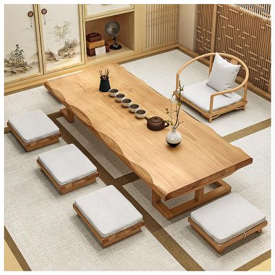 KSYGINXD Minimalist Japanese Low Coffee Table for Floor, Tatami Meditation Altar Table, Large Wooden Dining Table for Living Room & Dining Room(Brown-B,140x60x35cm)