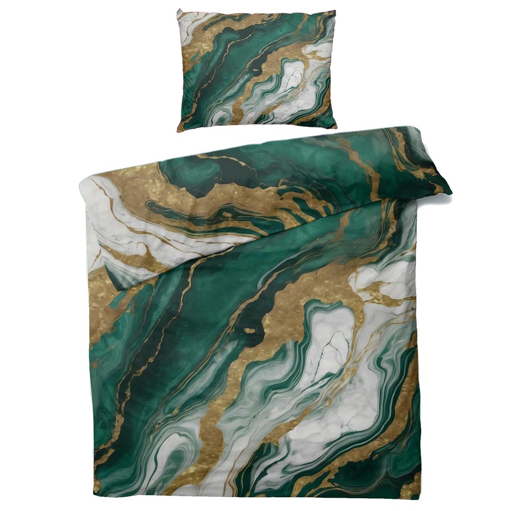 zcwl Green and Gold Marble Duvet Cover Twin Size | Modern Bedding Set | 2 Piece | Soft Microfiber Patterned Comforter Cover with Zipper Ties & 1 Pillowcase | Abstract Bedroom Decor