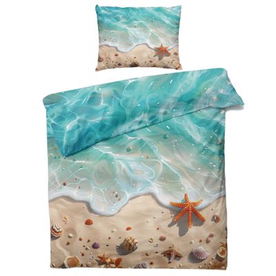 zcwl Coastal Beach Duvet Cover Twin Size | Ocean Wave Bedding Set | 2 Piece | Soft Microfiber Patterned Comforter Cover with Zipper Ties & 1 Pillowcase | Starfish Seashells Bedroom Decor