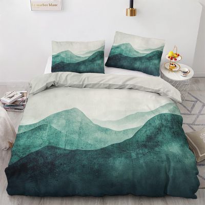 zcwl Mountain Landscape Duvet Cover Queen Size | Dark Green and Teal Bedding Set | 3 Piece | Soft Microfiber Patterned Comforter Cover with Zipper Ties & 2 Pillowcases | Abstract Bedroom Decor