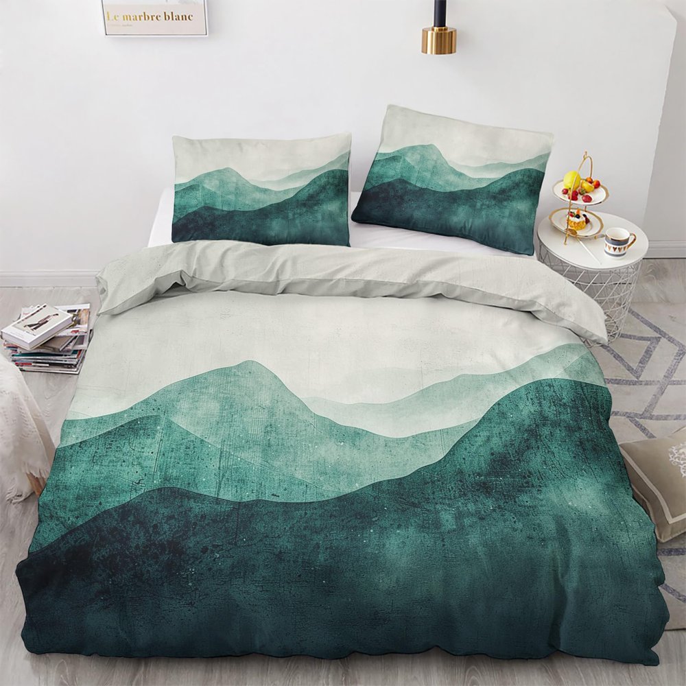 zcwl Mountain Landscape Duvet Cover Queen Size | Dark Green and Teal Bedding Set | 3 Piece | Soft Microfiber Patterned Comforter Cover with Zipper Ties & 2 Pillowcases | Abstract Bedroom Decor