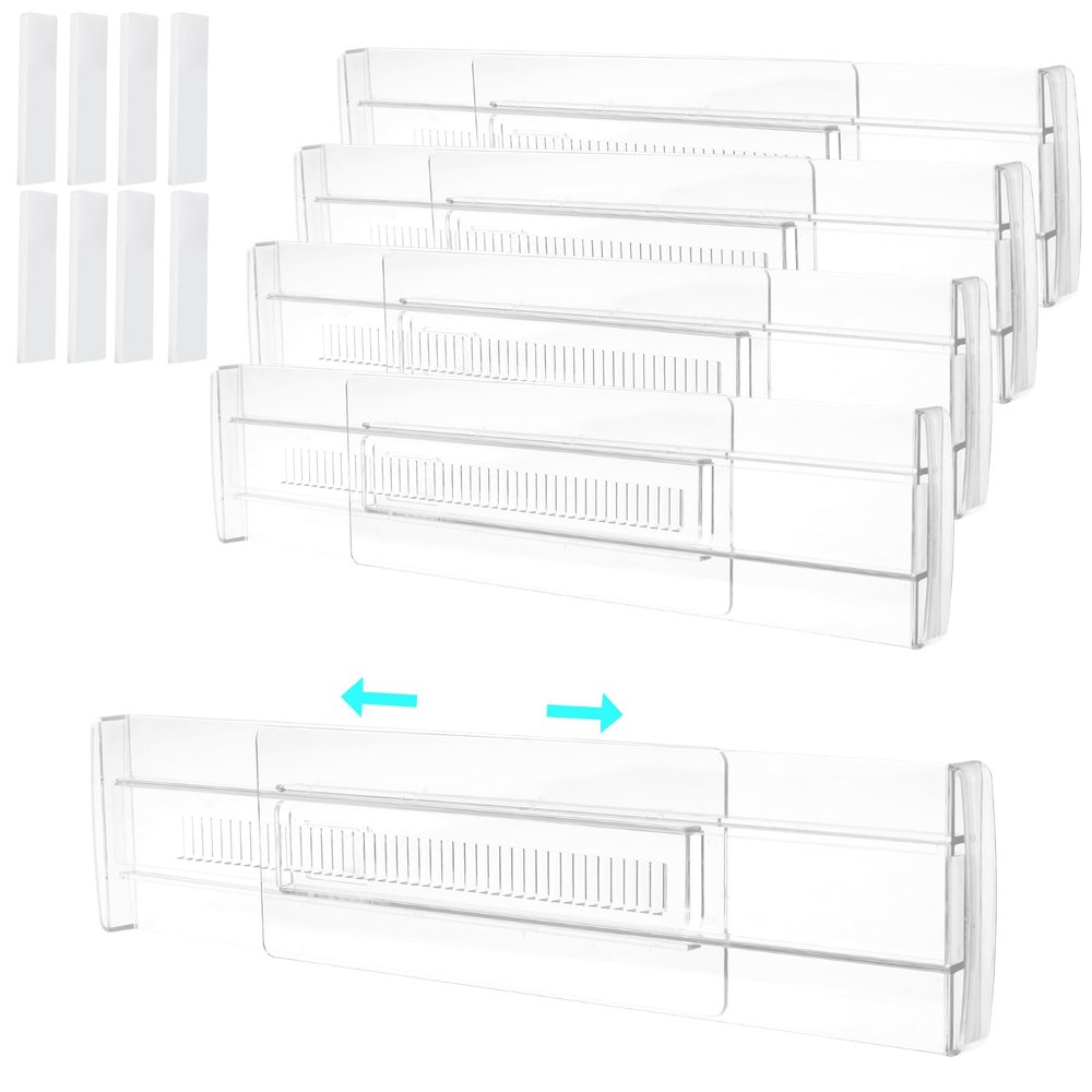 Abizarch 4Pack Drawer Dividers 11.3in-19.7in Adjustable Drawer Organiser Divider 3.2in High Clear Drawer Separators Expandable Utensils Organiser Divider Easy to Assemble for Clothes Drawer Kitchen Of