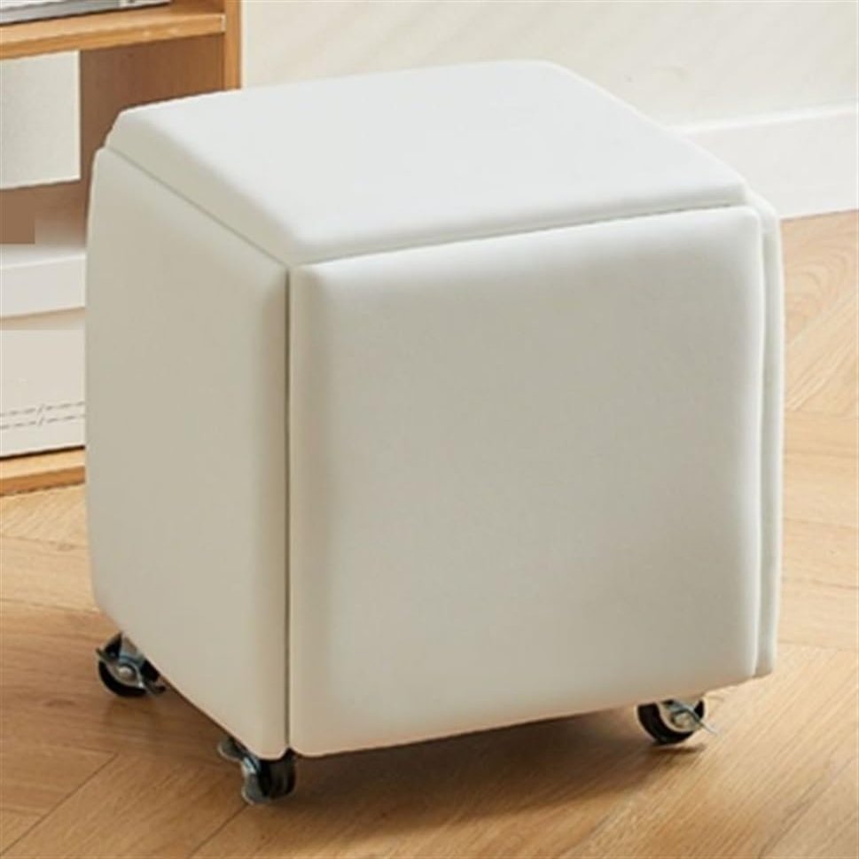 SUSEHXD 5 in 1 Nesting Ottoman Cube Chair, Stackable Sofa Chair Stools, Leather Square Ottoman Bench, Foot Stool with Wheels for Living Room, Dining Room(White,Small)