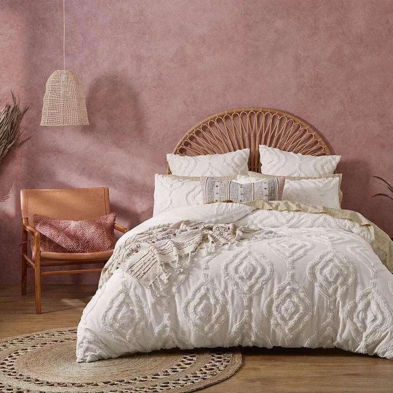 Boho Duvet Cover Full Double Boho Bedding Tufted Full Double Size Duvet Covers for All Season 1 Duvet Cover 2 Pillow Shams Shabby Chic Bedding Home Bedding Duvet Covers (Ivory,Full Double-80x90)
