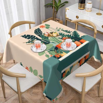 WHJYMX Square Decorative tablecloths 54"x54" Coffee Table Cloth Washable and Reusable for Dining Table, Coffee Table Cartoon Small Green Plant Printing