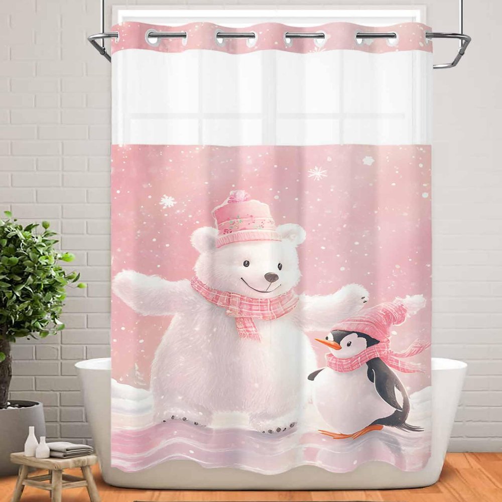 BOSIJOY No Hook Shower Curtain with Snap in Liner Set,Winter Christmas Polar Bear Penguin Waterproof Fabric Shower Curtains Arctic Snowy Scene Pink Double Layer Bath Curtain for Bathroom,36Wx72L