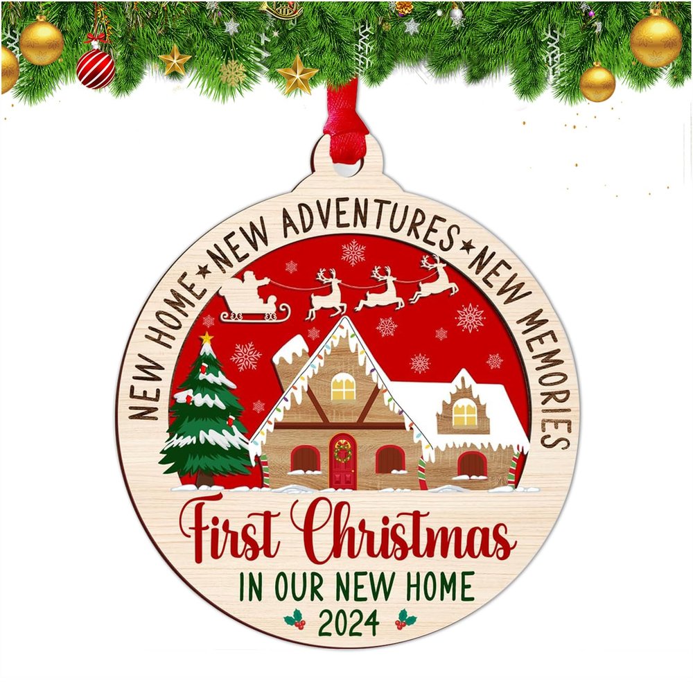 2025 New Home Christmas Ornaments, Christmas Tree Decorations, 2 Layer Wood House Warming Gifts New Home, Housewarming Gifts for New House, Housewarming Presents for Women,Couple,Owners